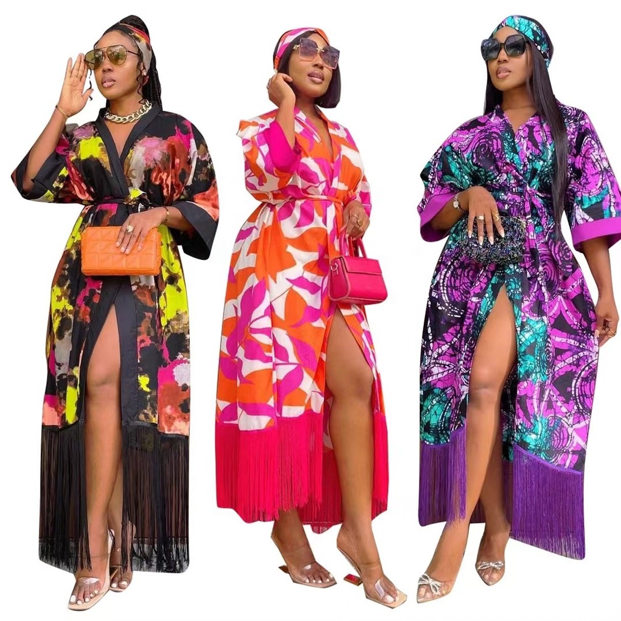 New Fashion Bright Color Tie Dyed Printed Tassel Skirt Loose Cardigan African Women Sexy Casual Dress