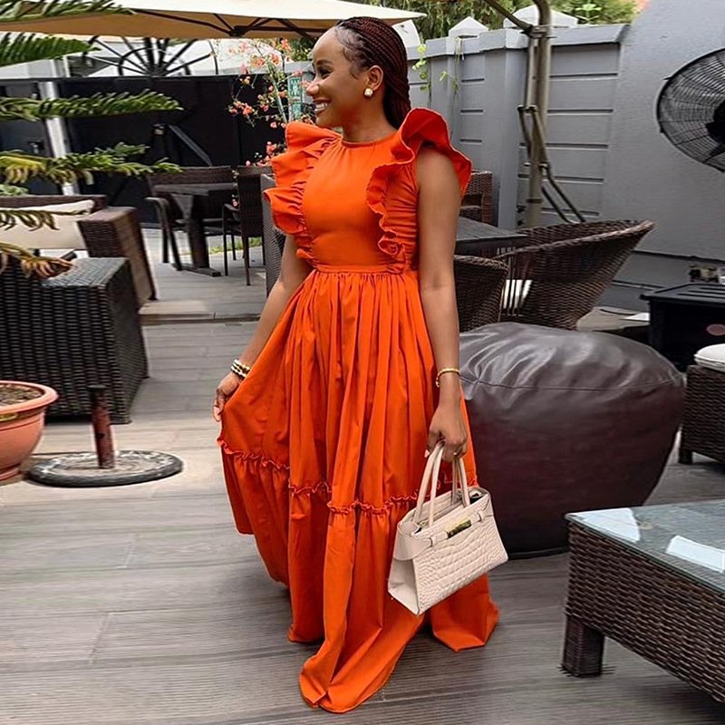 High Quality Orange Casual Dresses Women Lady Elegant Ruffled Short Sleeve Crew Neck Big Swing Summer Long Dress