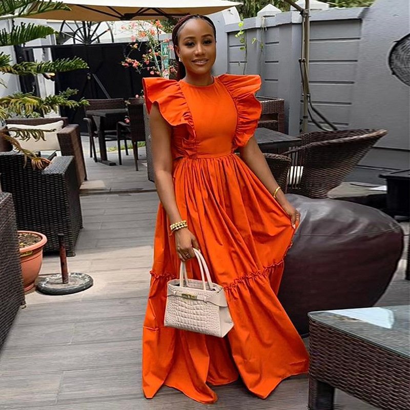High Quality Orange Casual Dresses Women Lady Elegant Ruffled Short Sleeve Crew Neck Big Swing Summer Long Dress