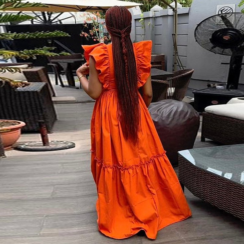 High Quality Orange Casual Dresses Women Lady Elegant Ruffled Short Sleeve Crew Neck Big Swing Summer Long Dress