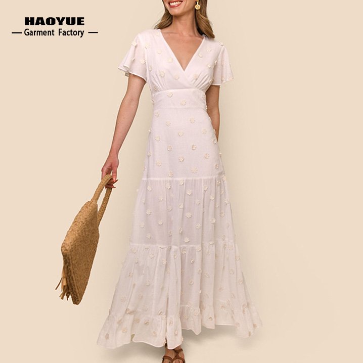Clothing Manufacturer Custom High Quality Women Clothing Casual Dresses Embroidered Ladies Blancos Dress