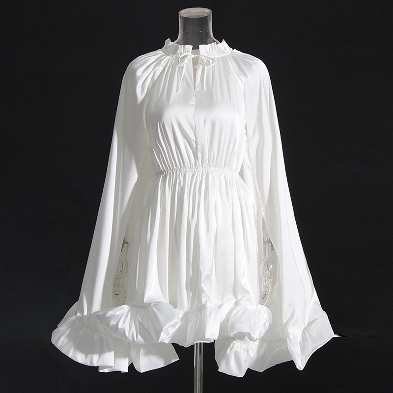 TWOTWINSTYLE Stand Collar Patchwork Ruffles Elegant Dresses White Dress For Women