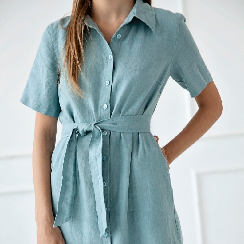 2021 Beautiful Women cross design Clothing Cotton And Linen Sexy Light Blue crepe Turn-down Collar short sleeve linen dress