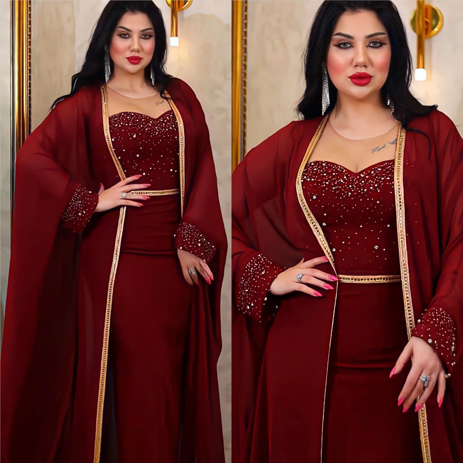 Eid Hot sale Middle East cross-border Muslim abaya women's hot diamond set mesh studded beads two-piece dress for ladies