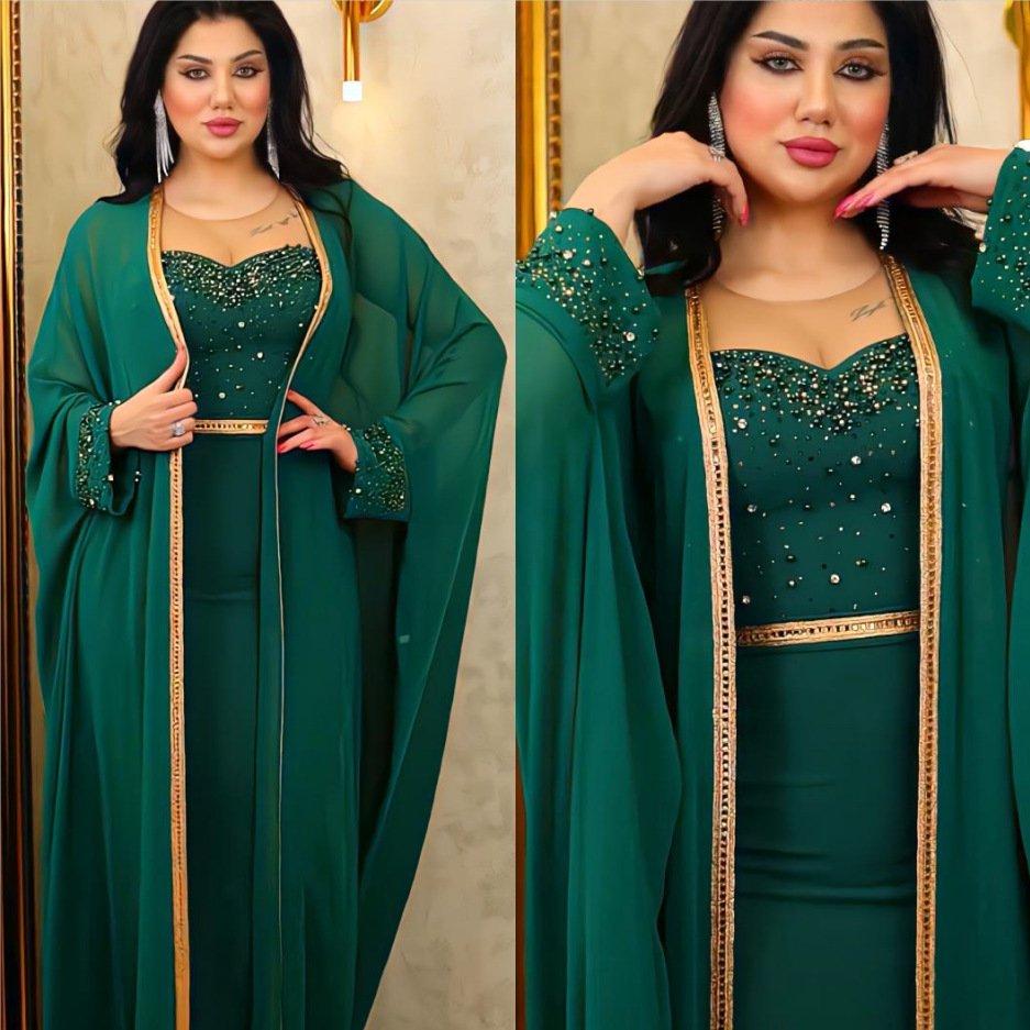 Eid Hot sale Middle East cross-border Muslim abaya women's hot diamond set mesh studded beads two-piece dress for ladies