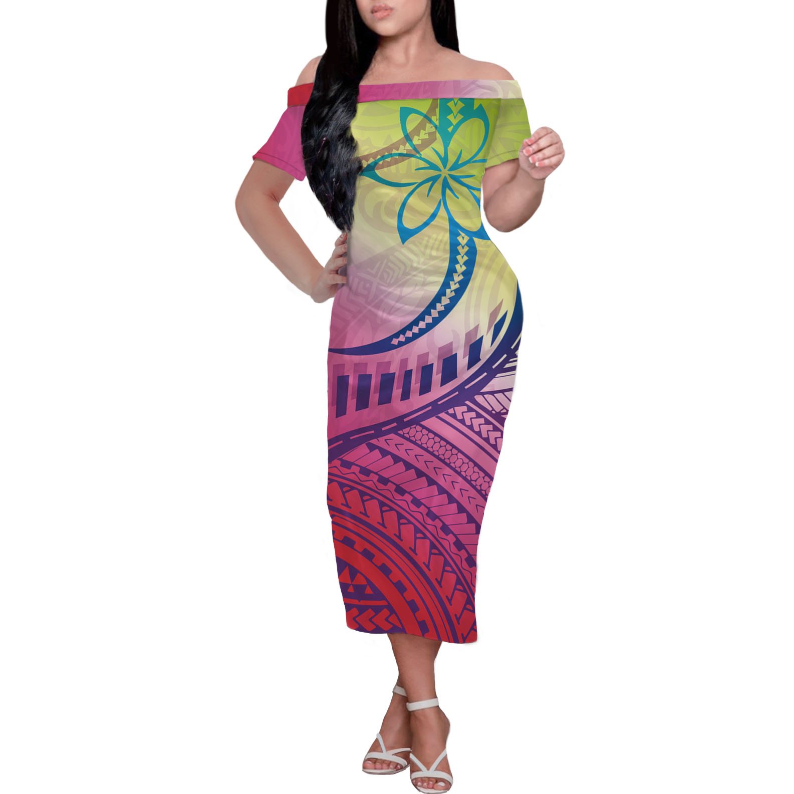 Wholesale dress Polynesian clothing Printed off shoulder maxi dress short sleeve casual dress Women 2021