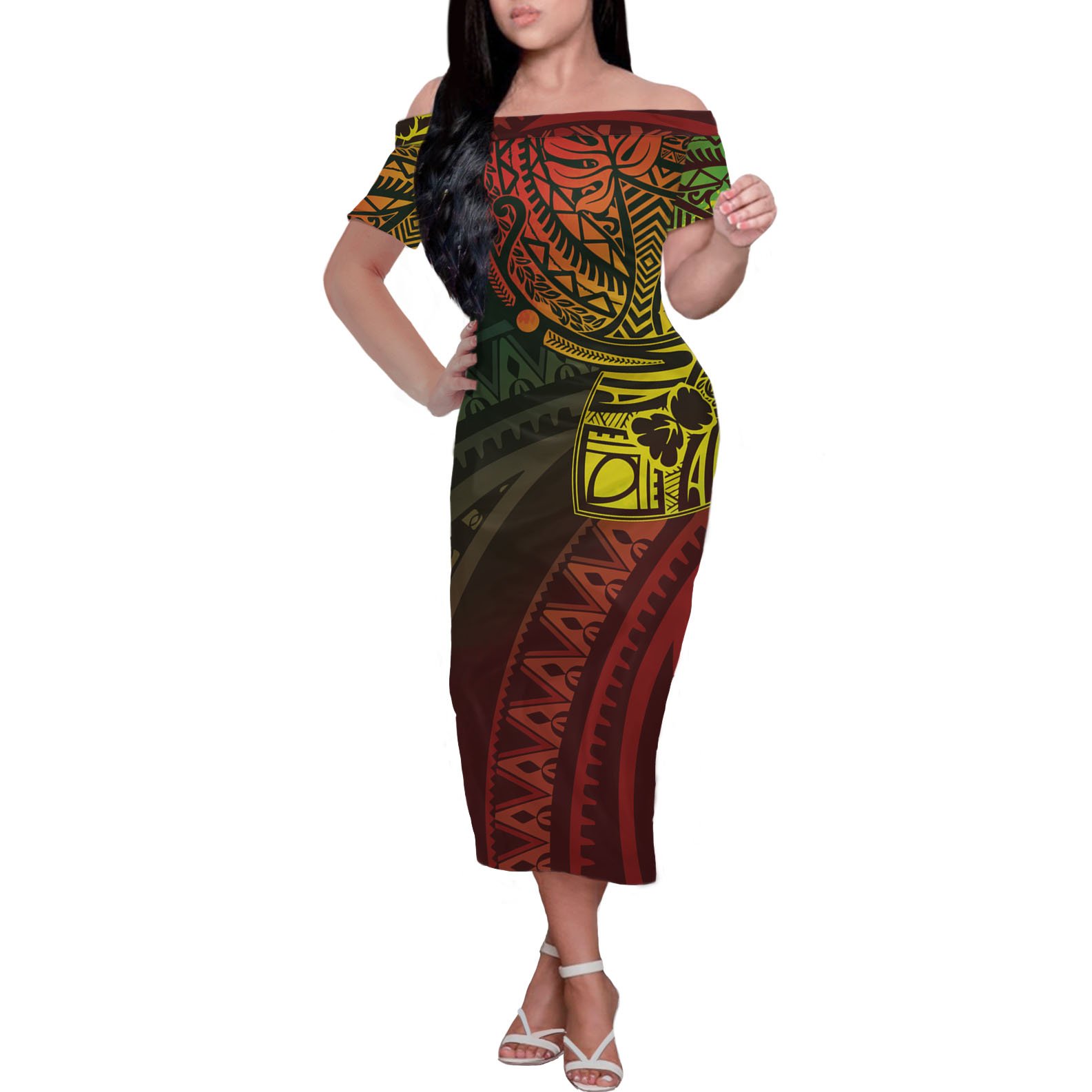 Wholesale dress Polynesian clothing Printed off shoulder maxi dress short sleeve casual dress Women 2021