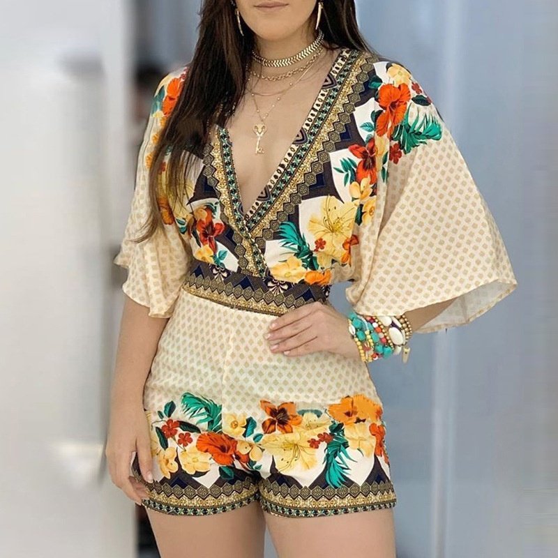 2 Piece Outfits for Women Summer Two Piece Crop Top Shorts Set Romper Jumpsuit Mini Vintage Casual Dresses Boho Floral Print Bow