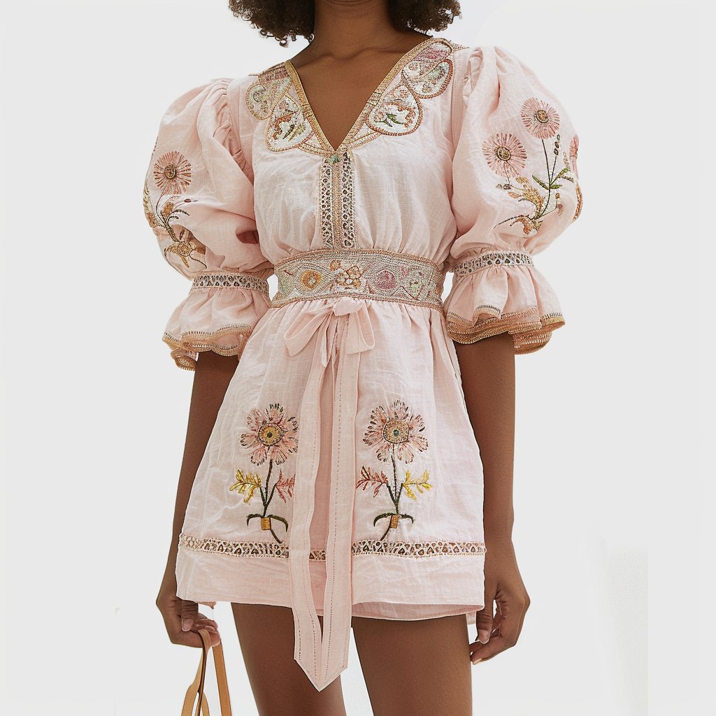 New Design Puff Sleeves Embroidery Boho Dresses Women Casual Dress Dresses Women Lady Elegant