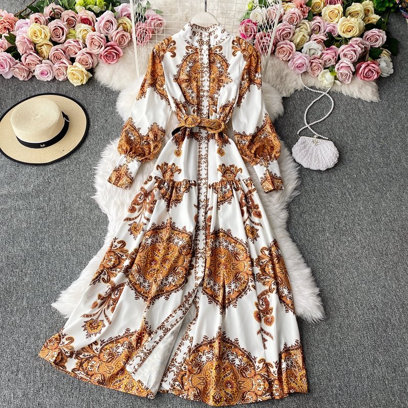 Spring Fashion Stand Collar Single Breasted Sleeve Puff Sleeve Lower Hem Shirts Dress Women Casual Holiday Robe Dresses Ladies