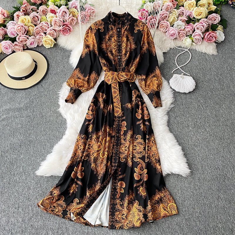 Spring Fashion Stand Collar Single Breasted Sleeve Puff Sleeve Lower Hem Shirts Dress Women Casual Holiday Robe Dresses Ladies