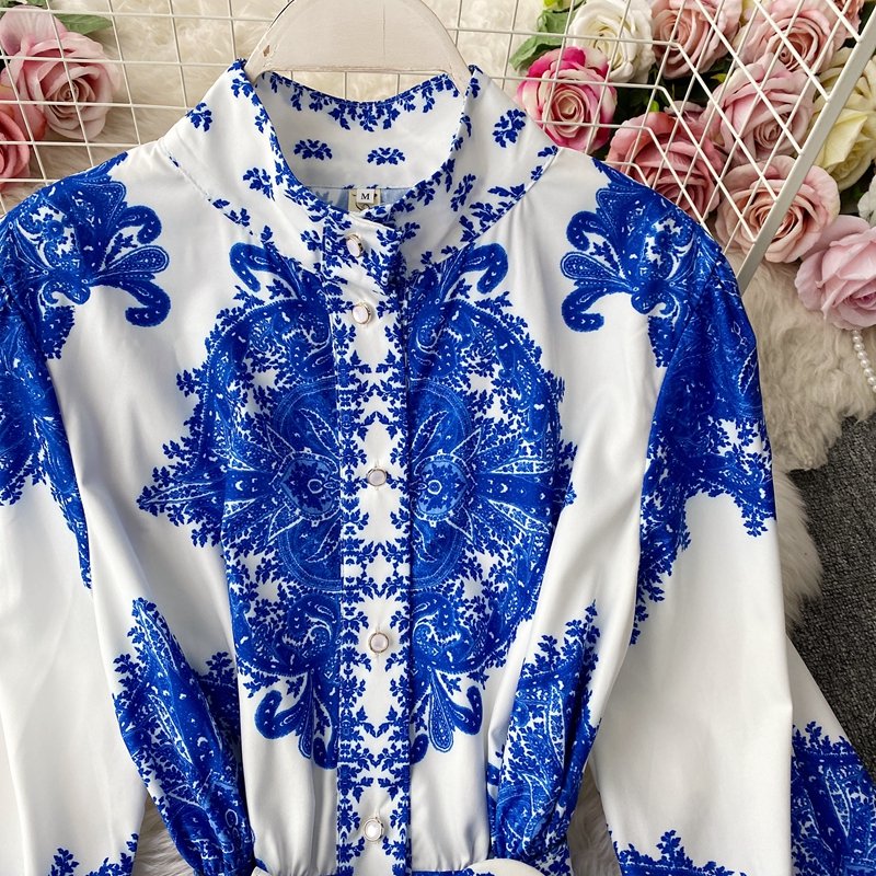 Spring Fashion Stand Collar Single Breasted Sleeve Puff Sleeve Lower Hem Shirts Dress Women Casual Holiday Robe Dresses Ladies
