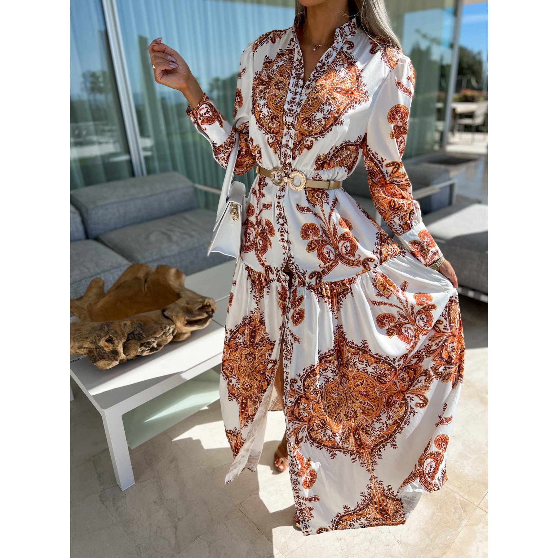 Spring Fashion Stand Collar Single Breasted Sleeve Puff Sleeve Lower Hem Shirts Dress Women Casual Holiday Robe Dresses Ladies