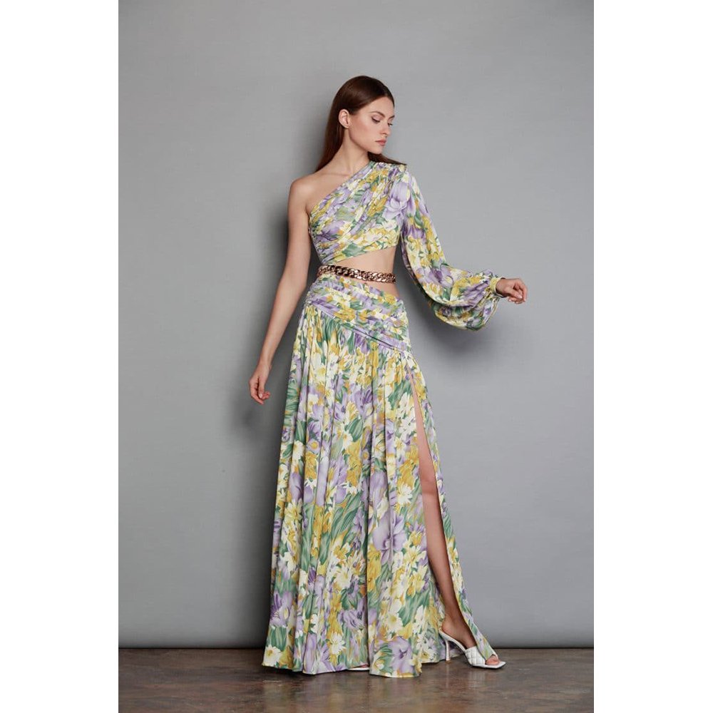 Wholesale womens clothing chiffon floral casual dress one-the-shoulder elegant flower dresses
