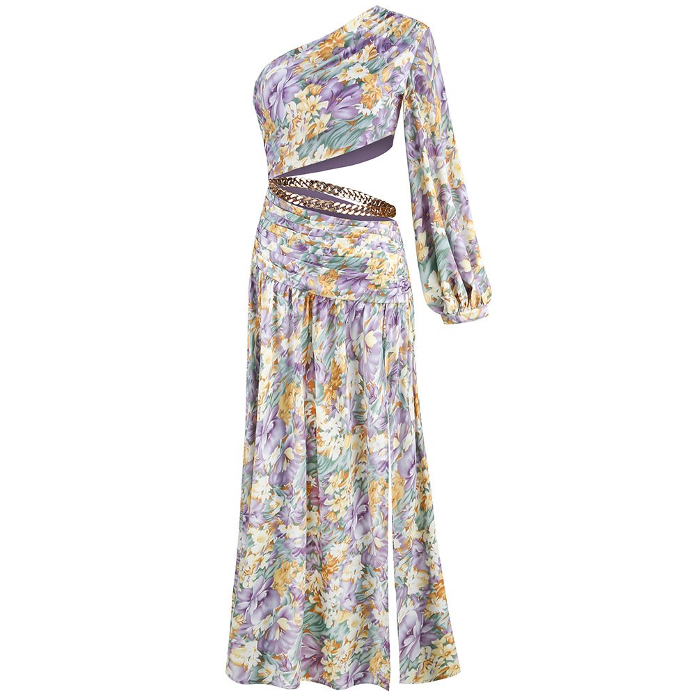Wholesale womens clothing chiffon floral casual dress one-the-shoulder elegant flower dresses