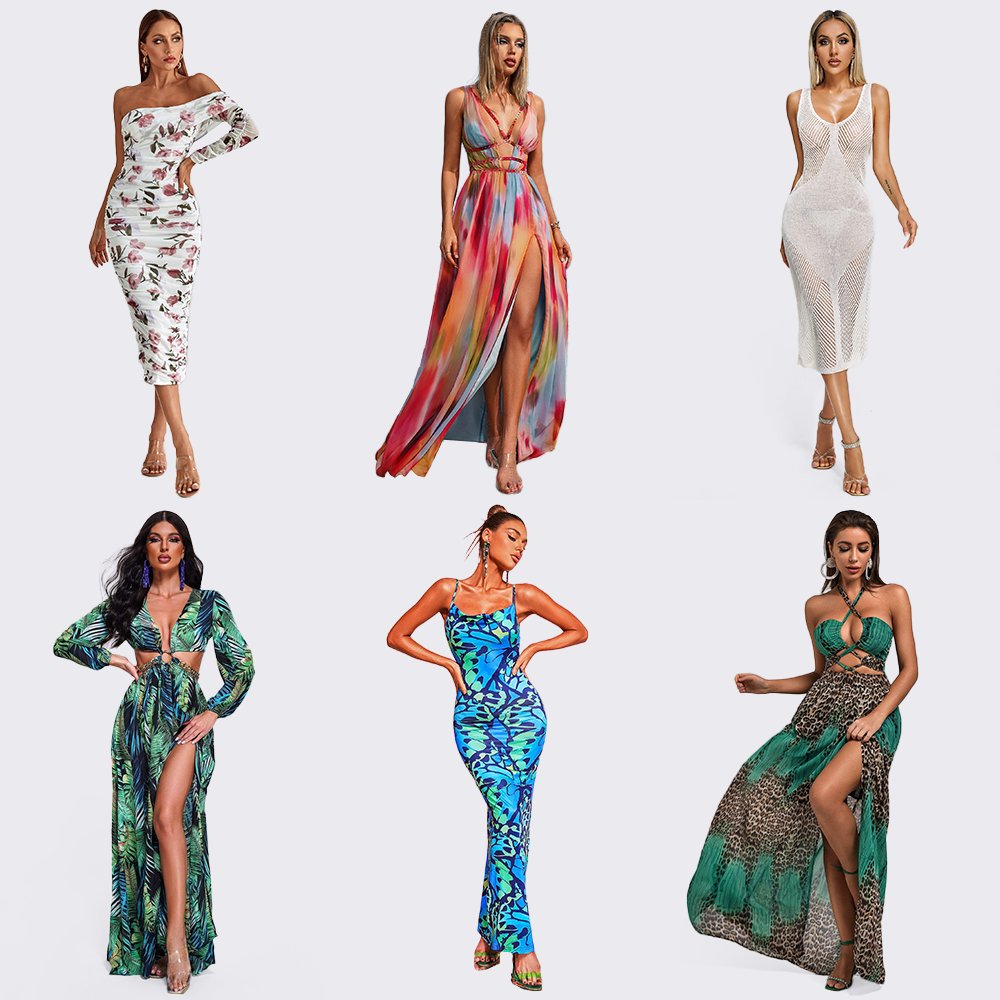 BEISHI Women V Neck High Silt Printed Maxi Loose Long Summer Casual Beach Dresses 2023 Summer Dress For Women