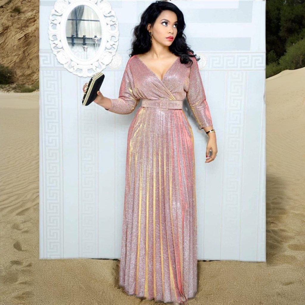 Linda Fashion Large Swing Skirt Belt Gold-plated Pleated Casual Party Long Floor-length Autumn Chiffon Breathable Bright Pink
