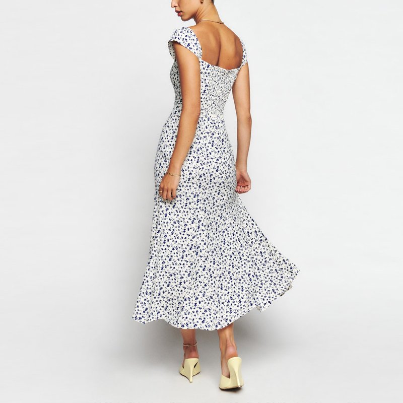 Wholesale Casual Summer Luxury Ruffle Hem Dresses Lady Elegant Square Collar Midi Long Floral Fabric Print Dress For Women
