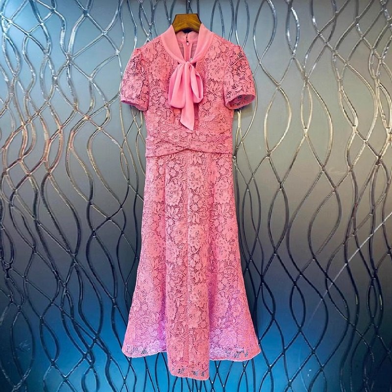 Top Quality New Lace Dress 2023 Summer Party Events Women Bow Collar Allover Crochet Lace Embroidery Short Sleeve Pink Dress XL