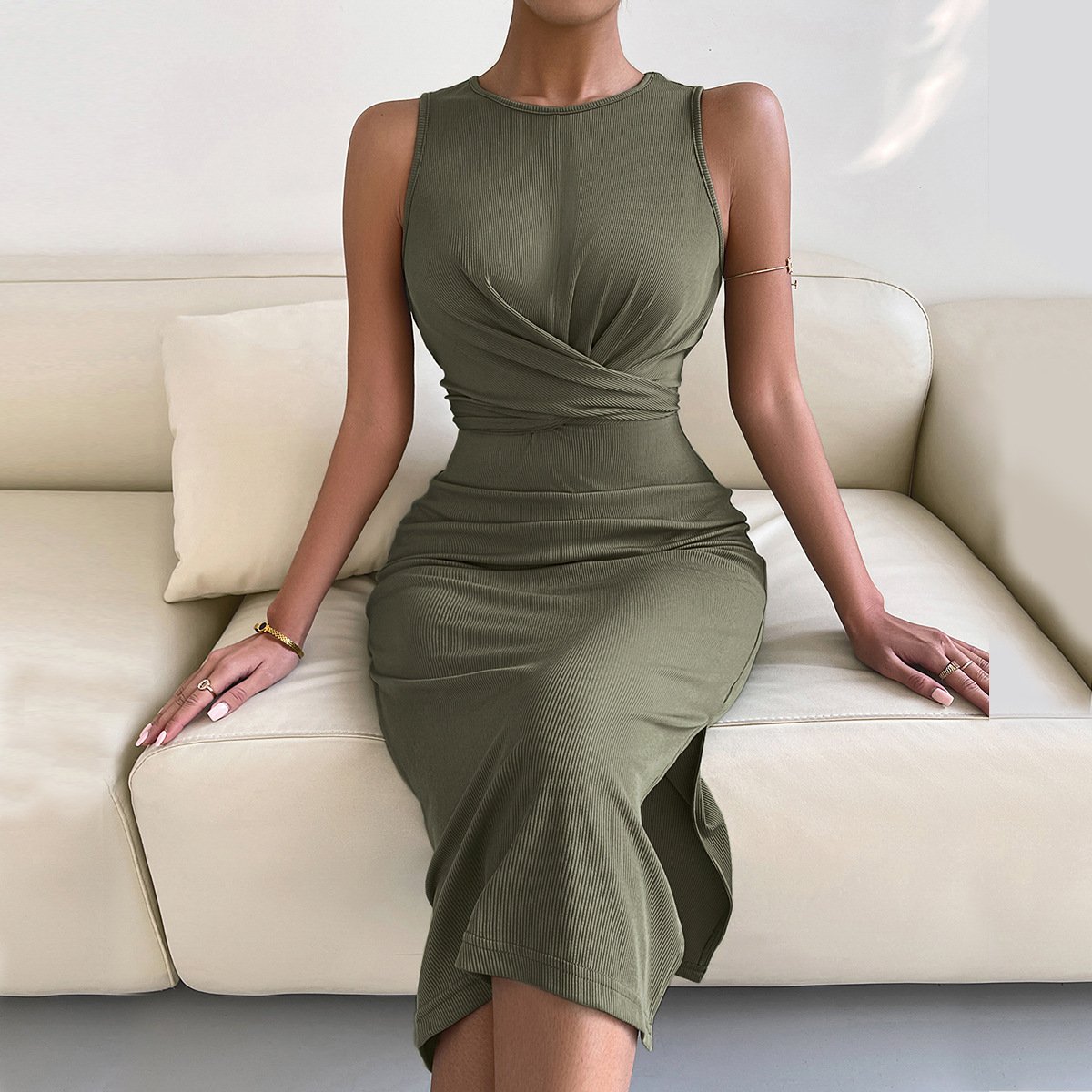 Unique Design Knitted Solid Color Evening Dress Sleeveless Women Dress