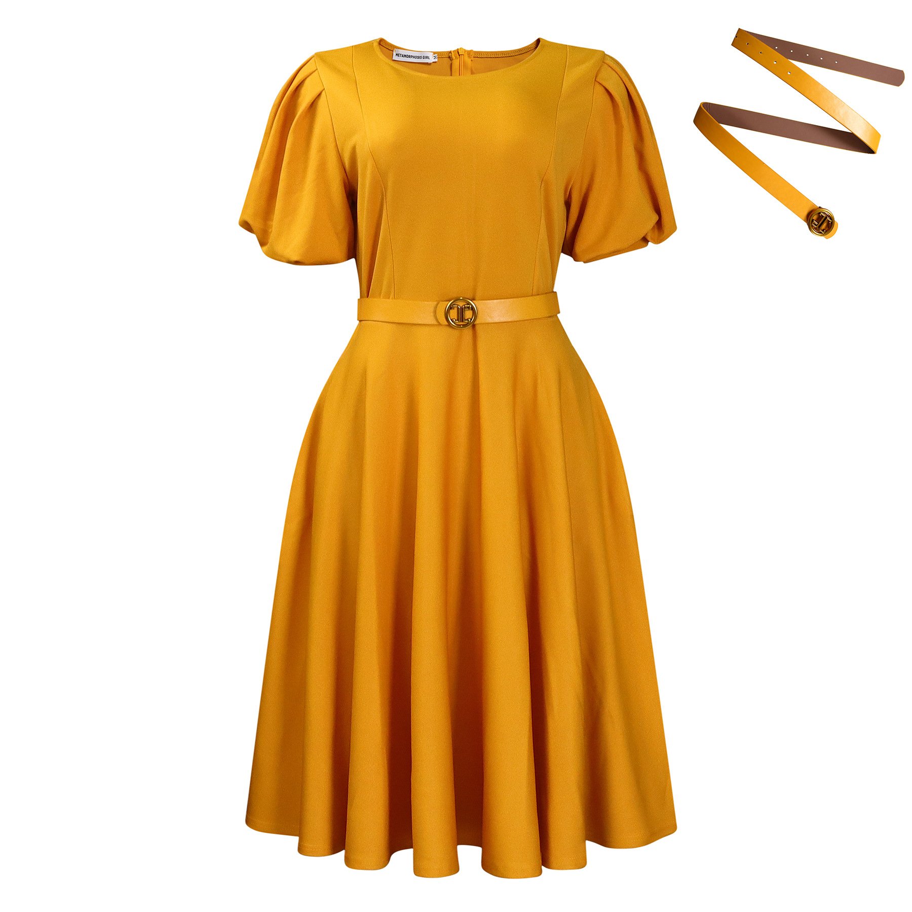 African Ladies Formal Office Dress Round Neck Puff Sleeves Work Dress Elegant Career Dress With Belt