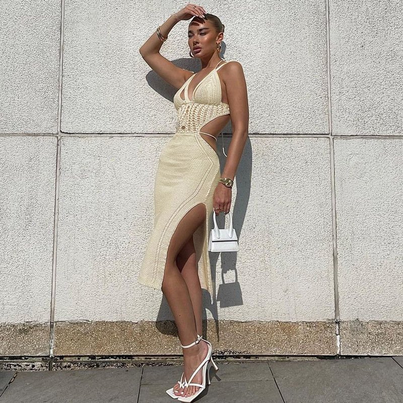 Women's Sexy Knitted Cut Out Halter Sexy Bodycon Strap Backless Pink Bodysuit Summer Beachwear Maxi Long Elegant Casual Dress