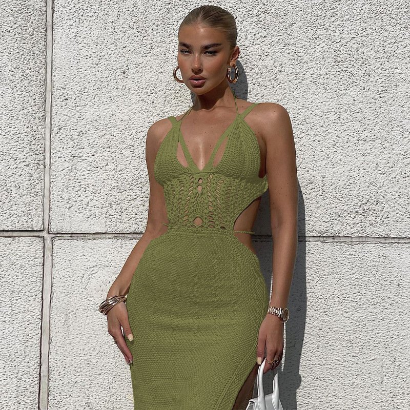Women's Sexy Knitted Cut Out Halter Sexy Bodycon Strap Backless Pink Bodysuit Summer Beachwear Maxi Long Elegant Casual Dress