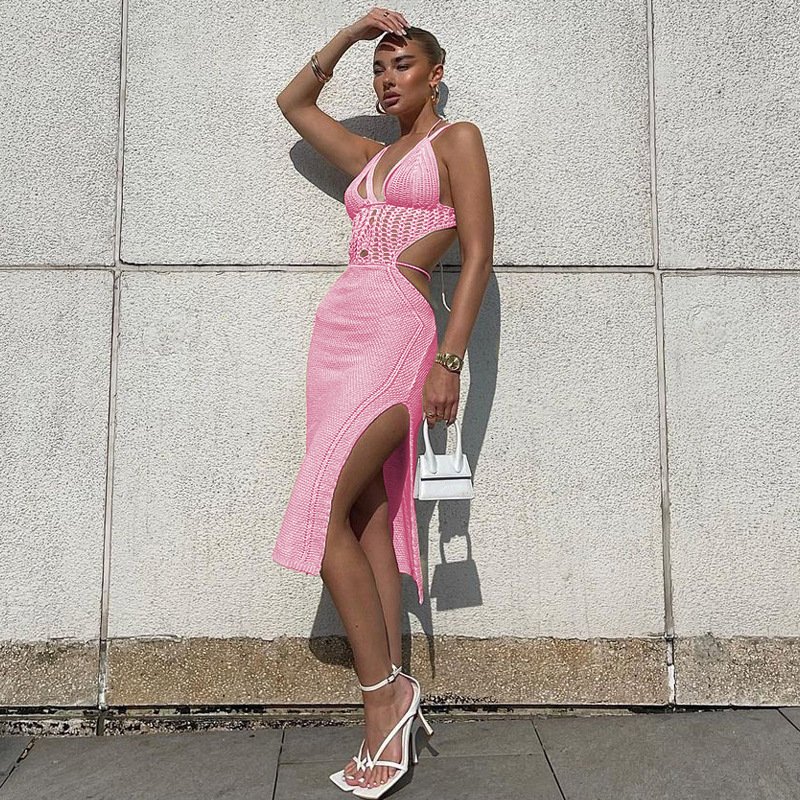 Women's Sexy Knitted Cut Out Halter Sexy Bodycon Strap Backless Pink Bodysuit Summer Beachwear Maxi Long Elegant Casual Dress