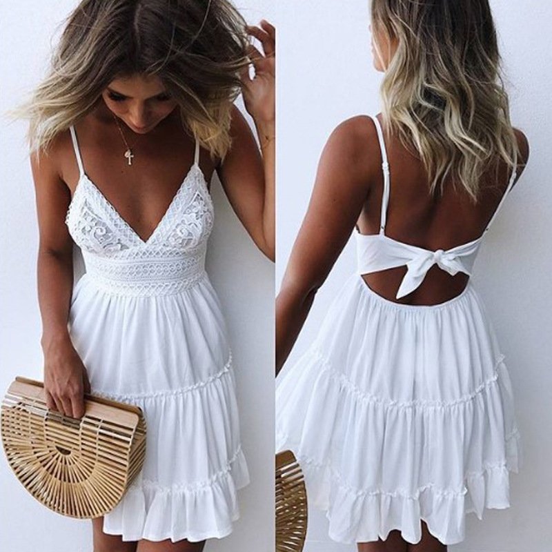 Trend Summer Sun Dress Womens White Lace V Neck Backless Sleeveless Beach Mini Sundress Plus Casual Dresses