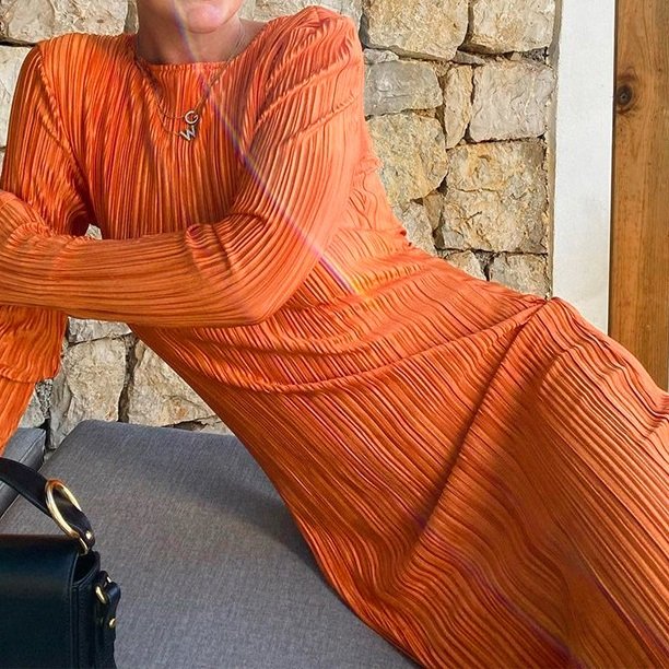 Autumn Clothes Wholesale Items Business Women Fashion Long Sleeve Streetwear Bodycon Orange Midi Dress