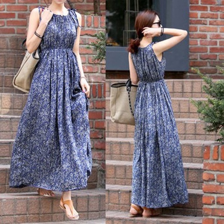 Daily Casual Bohemian Sleeveless Floral Dress with Long Breathable O-Neck Skirt for Wholesale