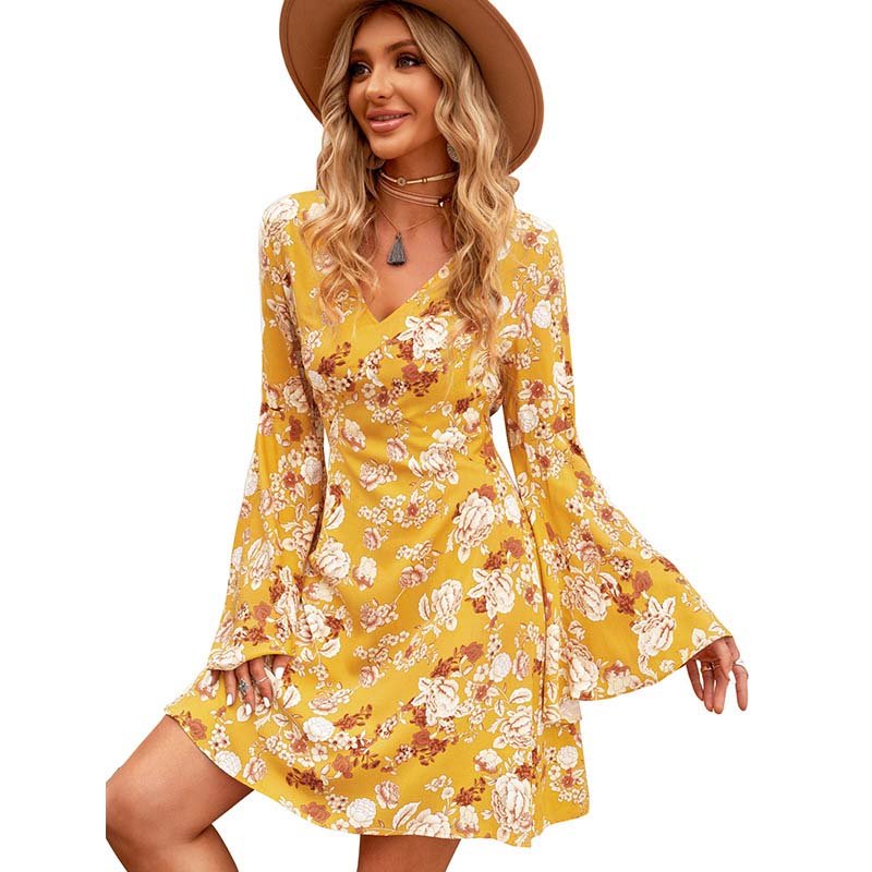 Spring Low Price Floral Loose V Neck Long Sleeves Ladies Casual Dress
