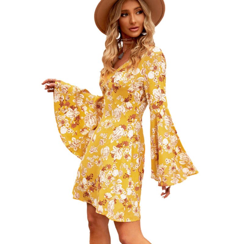 Spring Low Price Floral Loose V Neck Long Sleeves Ladies Casual Dress
