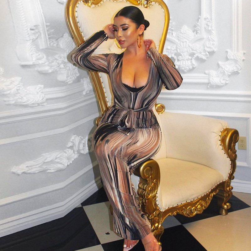 Allover print V-neck Longer Maxi Sexy Plus Size Club Bodycon Casual dresses Women Party