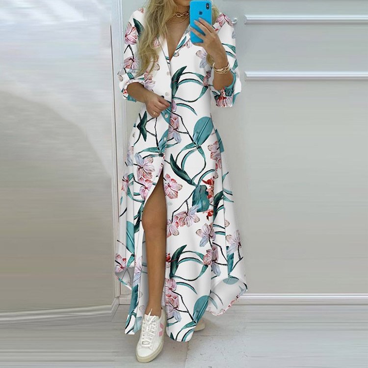 fashion summer designer Boho style Floral Print outdoors ladies maxi long Sleeve One Piece Dress Women Elegant Casual Dress
