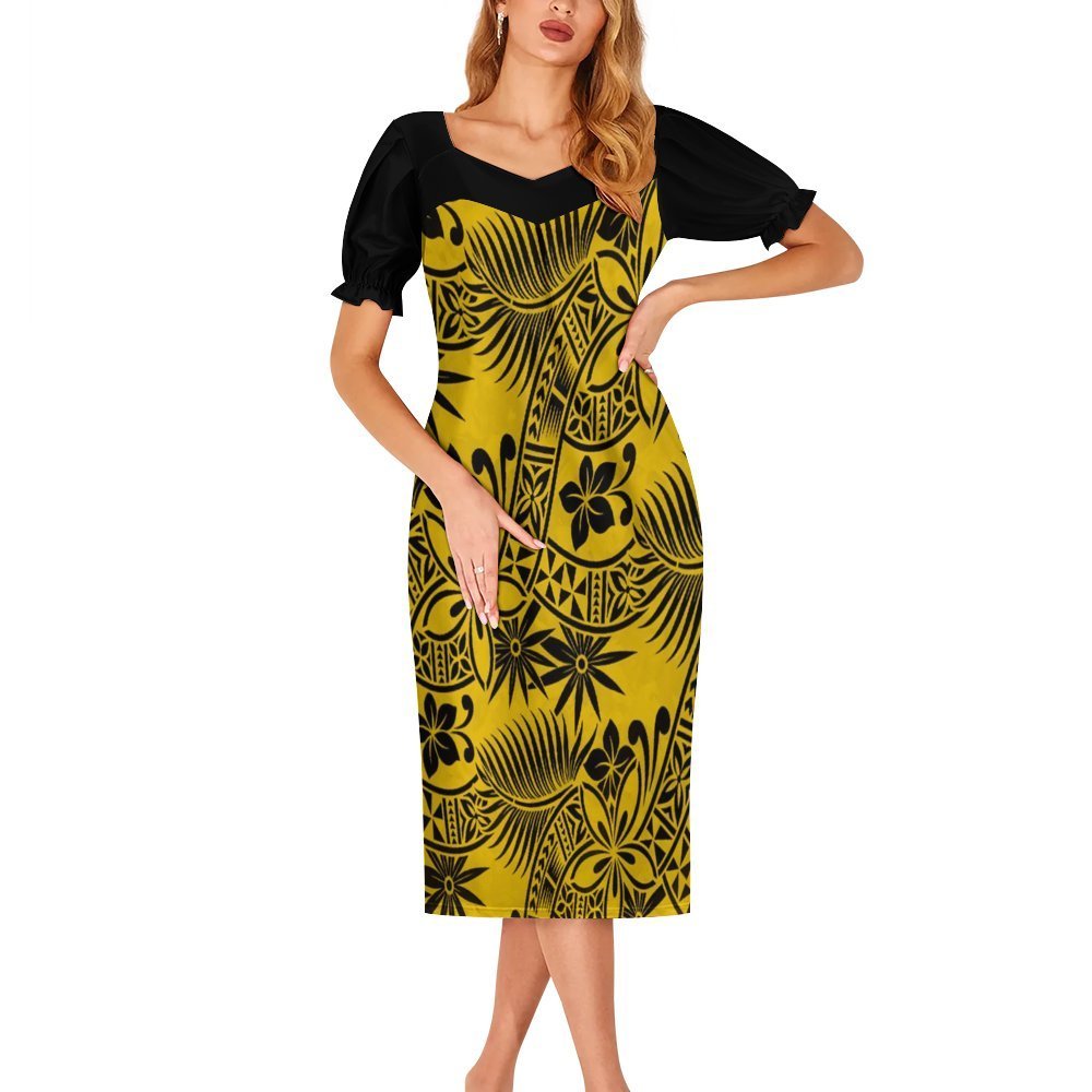 2024 Autumn New Lantern Sleeve Casual Dress Print HD Polynesian Samoan Tribal Pattern Design Mumu Dress For Women