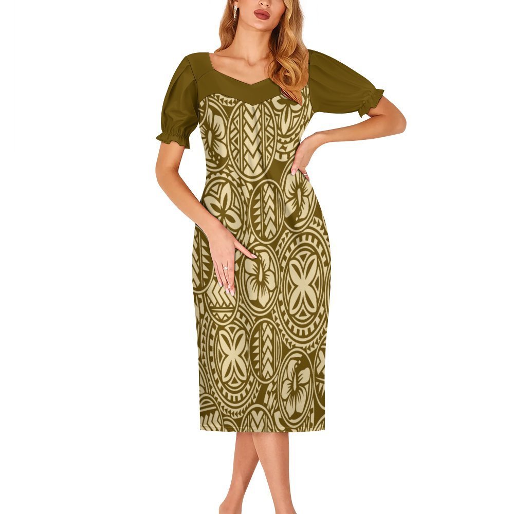 2024 Autumn New Lantern Sleeve Casual Dress Print HD Polynesian Samoan Tribal Pattern Design Mumu Dress For Women