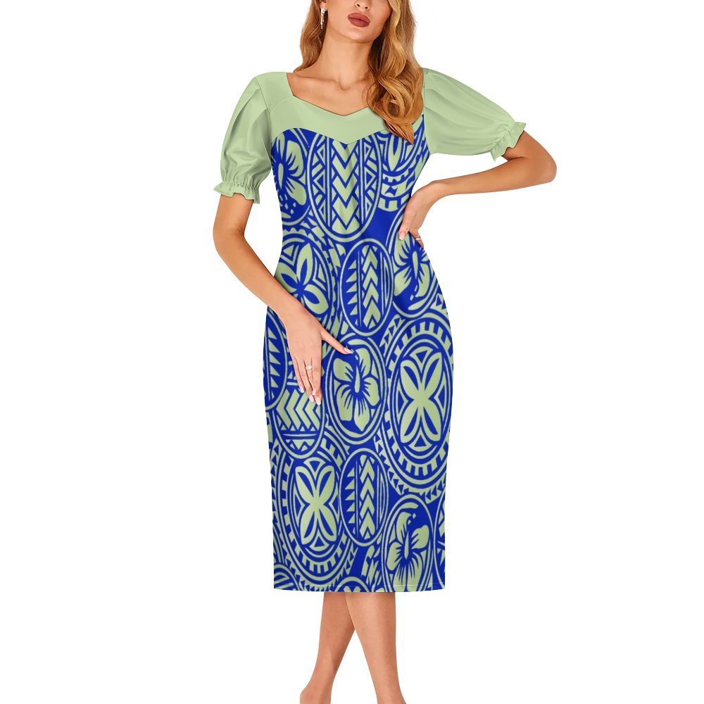 2024 Autumn New Lantern Sleeve Casual Dress Print HD Polynesian Samoan Tribal Pattern Design Mumu Dress For Women