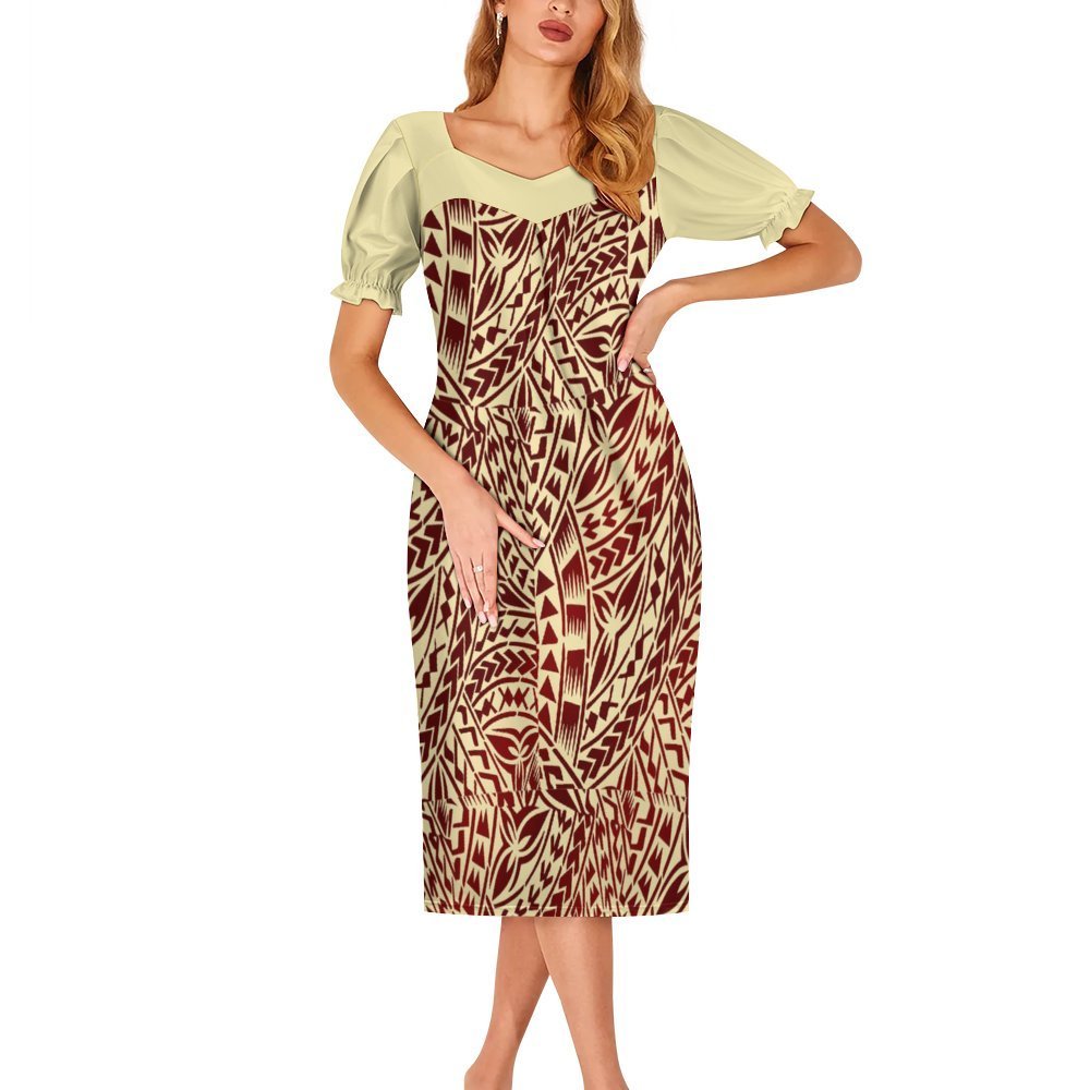 2024 Autumn New Lantern Sleeve Casual Dress Print HD Polynesian Samoan Tribal Pattern Design Mumu Dress For Women