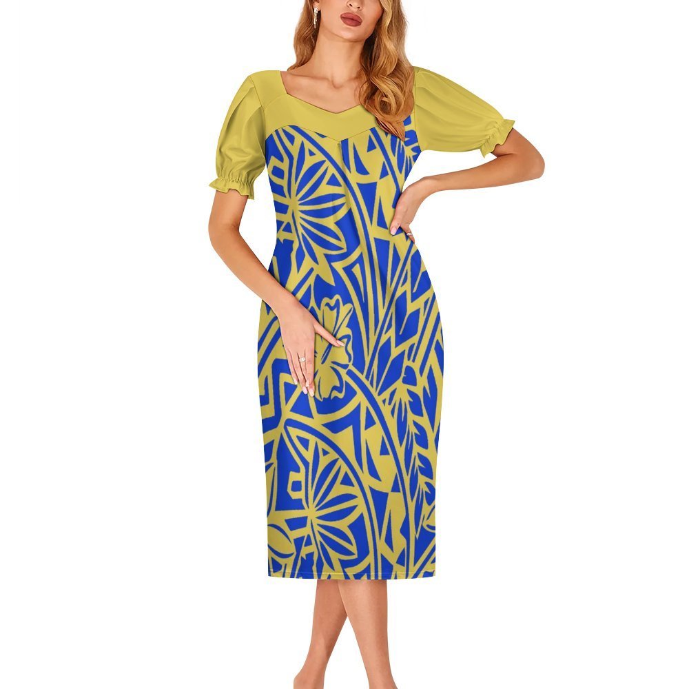 2024 Autumn New Lantern Sleeve Casual Dress Print HD Polynesian Samoan Tribal Pattern Design Mumu Dress For Women