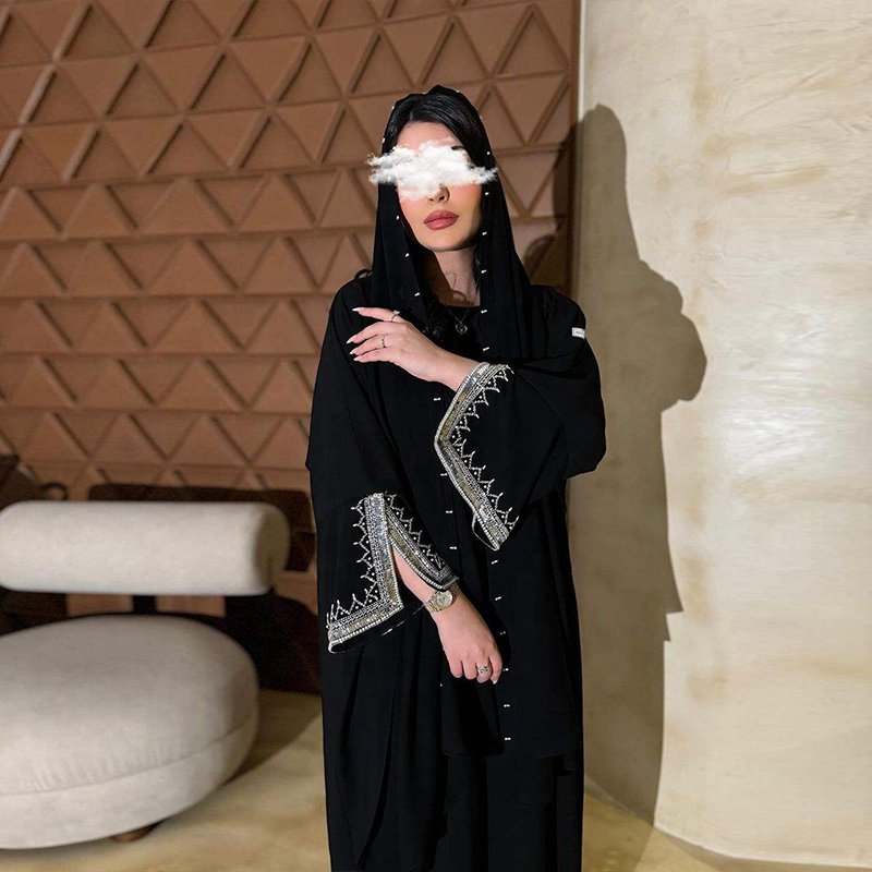 2024 new fashion design Custom long sleeves casual dresses with rhinestone modest muslim dress abaya clothing for women