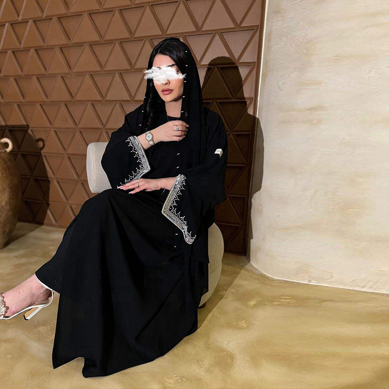 2024 new fashion design Custom long sleeves casual dresses with rhinestone modest muslim dress abaya clothing for women