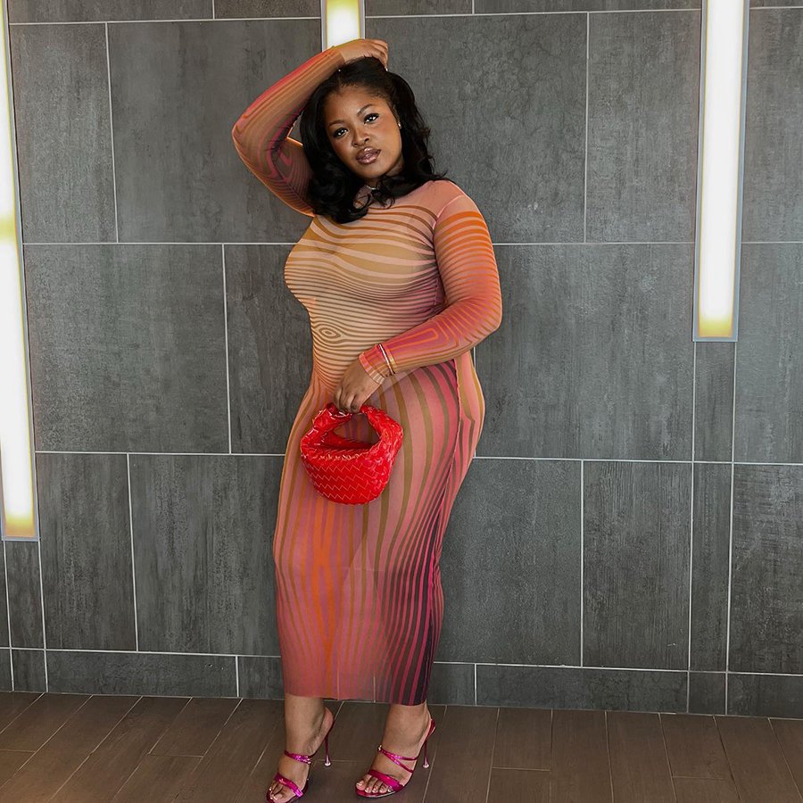 Kliou K23D30730 Sexy O-Neck Slim Dress Mesh Striped Sheer Maxi Dresses Ladies Silky Elegant Women Casual Dresses