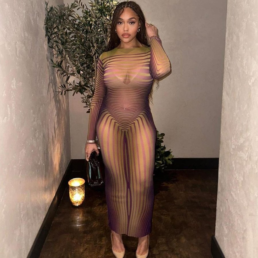 Kliou K23D30730 Sexy O-Neck Slim Dress Mesh Striped Sheer Maxi Dresses Ladies Silky Elegant Women Casual Dresses