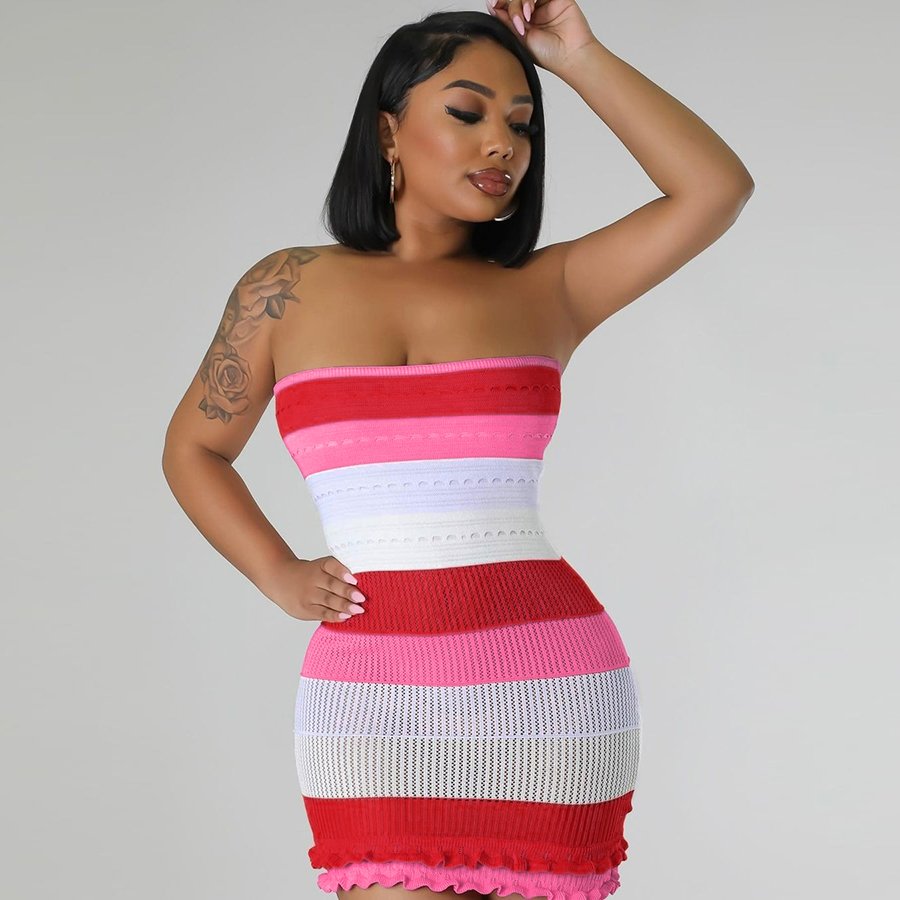 Kliou W23D29697 Panelled Striped Slim Dress Bodycon Hollow Out Dress Knitted Women Casual Dresses