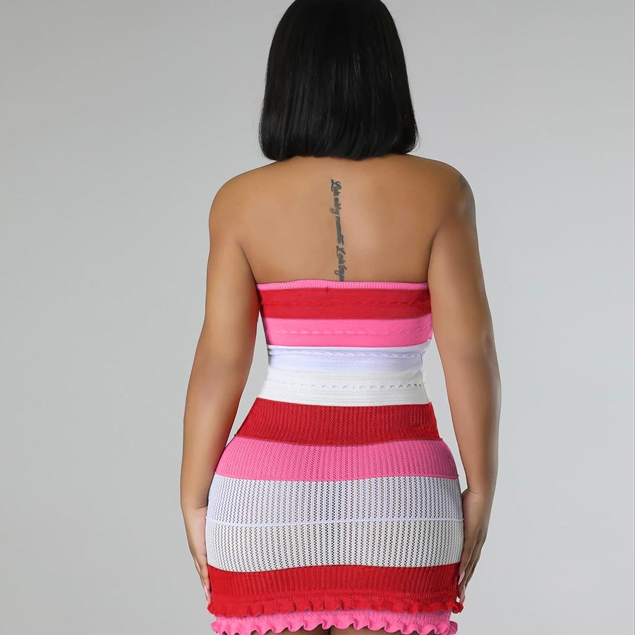 Kliou W23D29697 Panelled Striped Slim Dress Bodycon Hollow Out Dress Knitted Women Casual Dresses