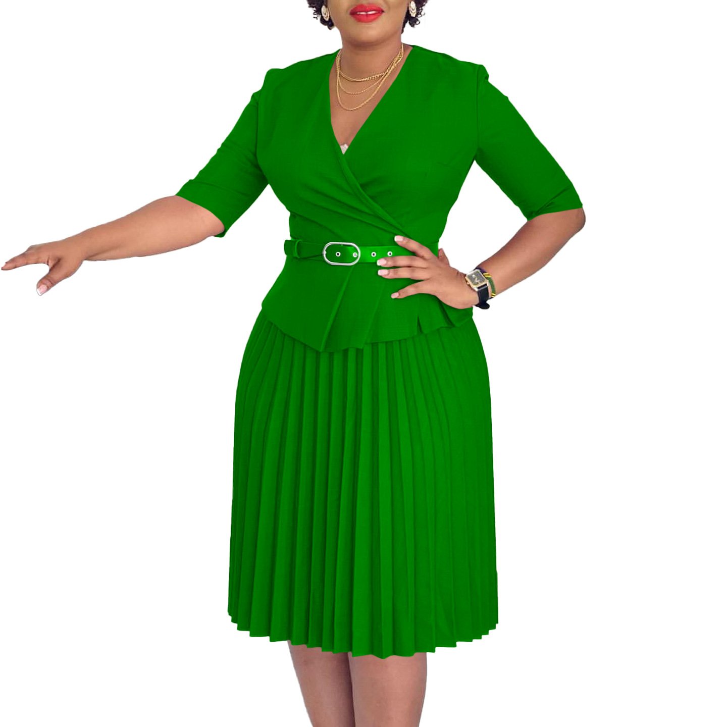 D520 Latest Design Ladies Office Dresses Women Casual Elegant Half Sleeve V-neck Pleated Women Church Dresses With Belt