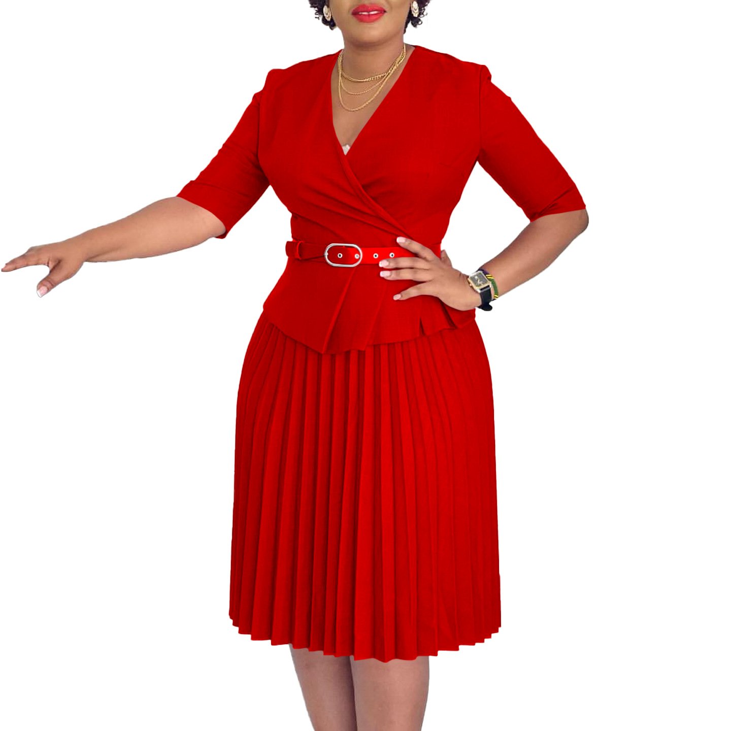 D520 Latest Design Ladies Office Dresses Women Casual Elegant Half Sleeve V-neck Pleated Women Church Dresses With Belt