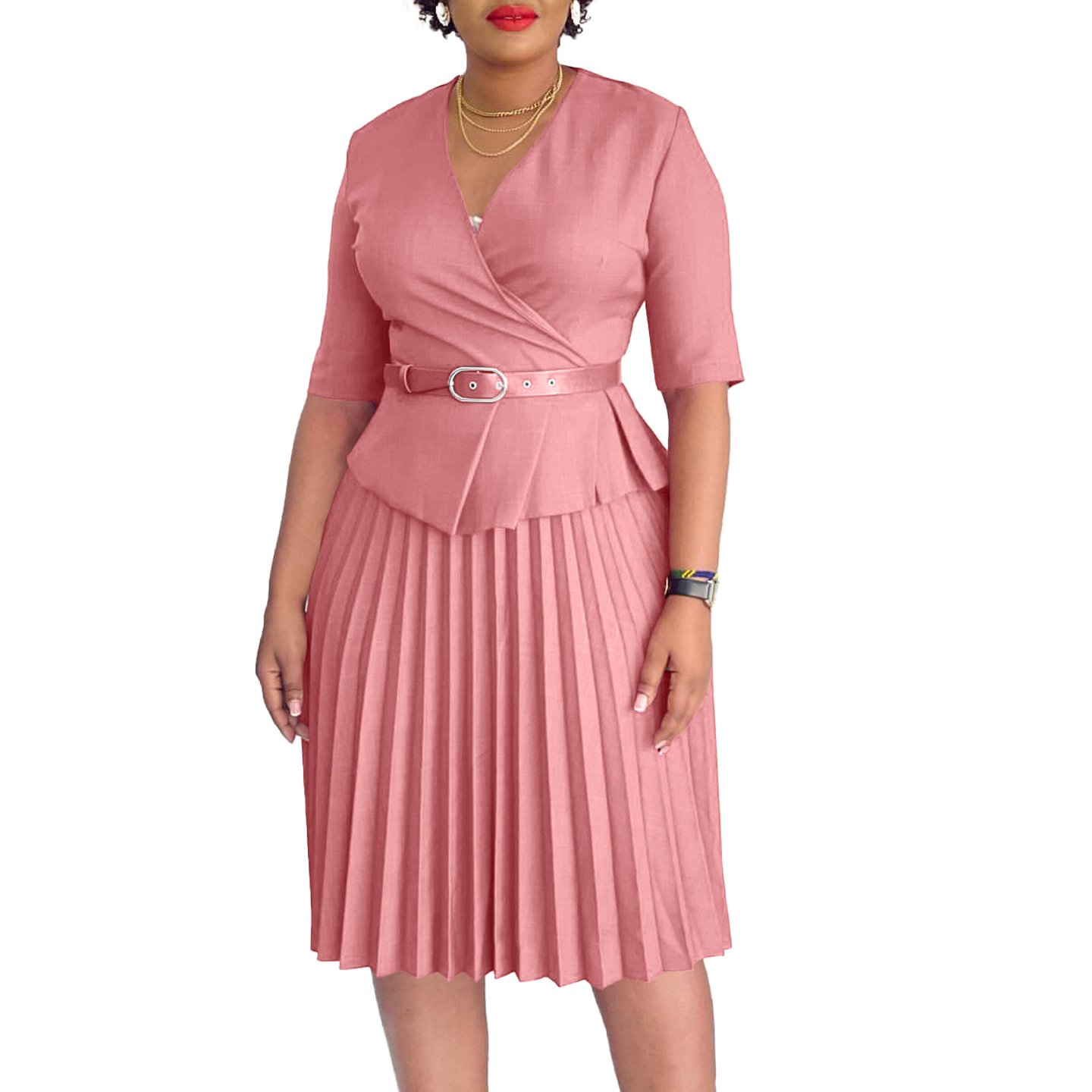 D520 Latest Design Ladies Office Dresses Women Casual Elegant Half Sleeve V-neck Pleated Women Church Dresses With Belt
