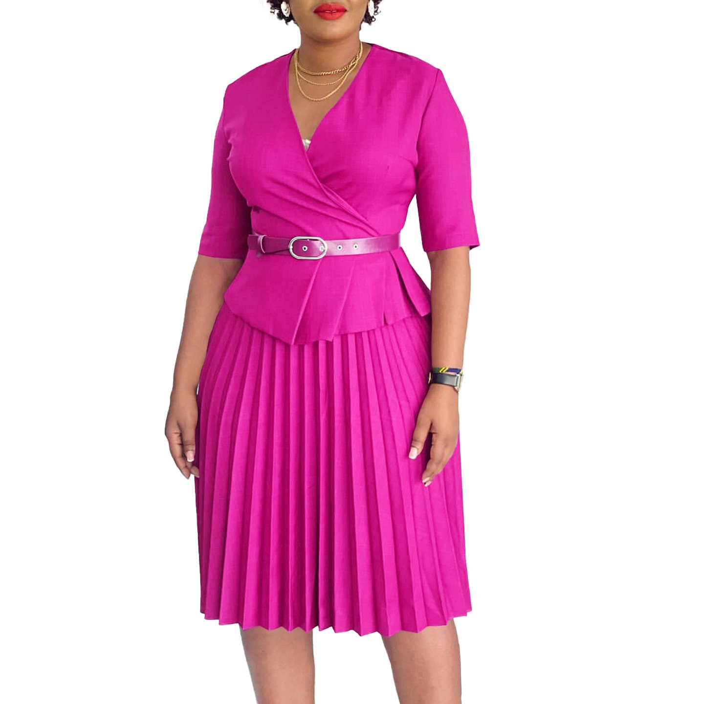 D520 Latest Design Ladies Office Dresses Women Casual Elegant Half Sleeve V-neck Pleated Women Church Dresses With Belt